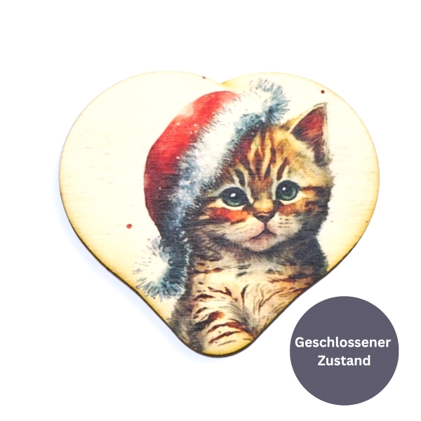 Geldgeschenk Holz - Herz mit Katze Weihnachten bedruckt